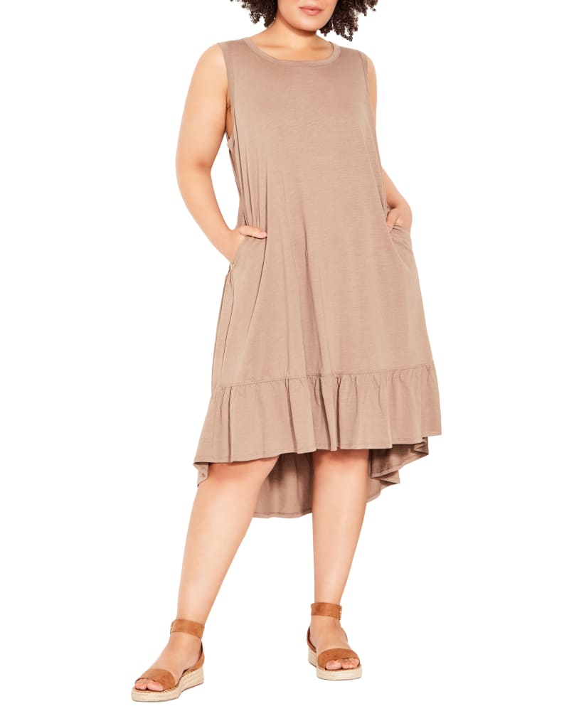 Front of a model wearing a size 14 Evie Ruffle Dress in Brown by Zim & Zoe. | dia_product_style_image_id:215491